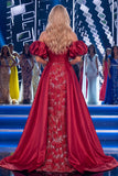 Burgundy Off the Shoulder Mermaid Ruched Beaded Long Pageant Dress with Sash
