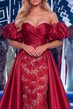 Burgundy Off the Shoulder Mermaid Ruched Beaded Long Pageant Dress with Sash