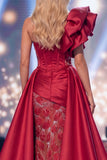 Burgundy One Shoulder Mermaid Sheer Corset Long Pageant Dress with Sash