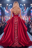 Sweetheart Burgundy Mermaid Corset Beaded Long Pageant Dress with Sash