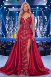Mermaid Burgundy Corset Beaded Long Pageant Dress with Sash