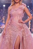 One Shoulder Mermaid Blush Sheer Corset Floral Long Pageant Dress with Sash