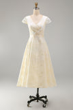 A-Line Champagne V-Neck Ruched Floral Midi Dress with Cap Sleeves