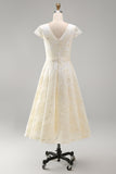A-Line Champagne V-Neck Ruched Floral Midi Dress with Cap Sleeves