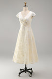 A-Line Champagne V-Neck Ruched Floral Midi Dress with Cap Sleeves