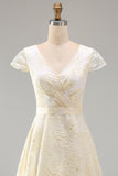 A-Line Champagne V-Neck Ruched Floral Midi Dress with Cap Sleeves