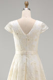 A-Line Champagne V-Neck Ruched Floral Midi Dress with Cap Sleeves