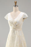 A-Line Champagne V-Neck Ruched Floral Midi Dress with Cap Sleeves