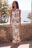 One Shoulder Ivory Mermaid Ruched Maxi Floral Dress