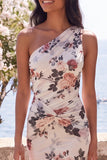 One Shoulder Ivory Mermaid Ruched Maxi Floral Dress