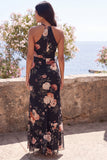 Black Mermaid Chiffon Halter Neck Maxi Floral Dress with Slit