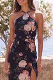 Black Mermaid Chiffon Halter Neck Maxi Floral Dress with Slit