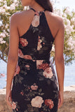 Black Mermaid Chiffon Halter Neck Maxi Floral Dress with Slit