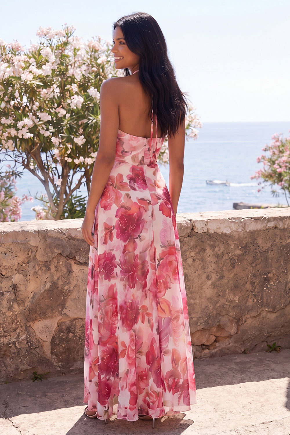 pink chiffon halter dress Pink Halter A Line Floral Chiffon Ruffled Formal Prom Dresses With Beading Pink / 00