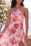 Pink A-Line Chiffon Halter Neck Floral Maxi Dress with Slit