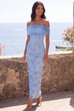 Blue Off the Shoulder Bodycon Appliqued Floral Maxi Dress