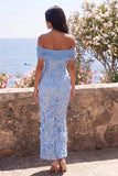 Blue Off the Shoulder Bodycon Appliqued Floral Maxi Dress
