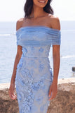 Blue Off the Shoulder Bodycon Appliqued Floral Maxi Dress