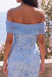 Blue Off the Shoulder Bodycon Appliqued Floral Maxi Dress