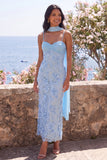 Blue Mermaid Spaghetti Straps Appliqued Midi Floral Dress with Neck Scarf
