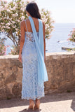 Blue Mermaid Spaghetti Straps Appliqued Midi Floral Dress with Neck Scarf