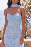 Blue Mermaid Spaghetti Straps Appliqued Midi Floral Dress with Neck Scarf