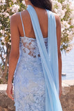 Blue Mermaid Spaghetti Straps Appliqued Midi Floral Dress with Neck Scarf