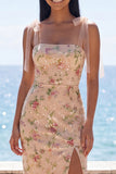 Sparkly Champagne Mermaid Spaghetti Straps Sequins Midi Floral Dress with Slit