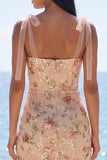 Sparkly Champagne Mermaid Spaghetti Straps Sequins Midi Floral Dress with Slit