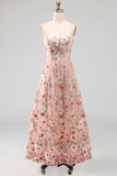A-Line Pink Strapless Embroidered Midi Floral Wedding Guest Dress with Embroidery