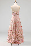 A-Line Pink Strapless Embroidered Midi Floral Dress