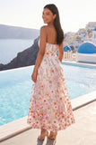 A-Line Pink Strapless Embroidered Midi Floral Dress
