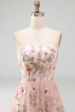 A-Line Pink Strapless Embroidered Midi Floral Wedding Guest Dress with Embroidery