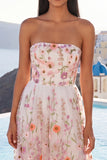 A-Line Pink Strapless Embroidered Midi Floral Dress