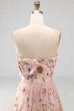 A-Line Pink Strapless Embroidered Midi Floral Wedding Guest Dress with Embroidery