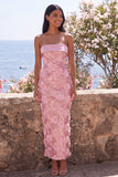 Sparkly Pink Strapless Bodycon Sequins Midi Floral Dress with Slit