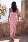 Sparkly Pink Strapless Bodycon Sequins Midi Floral Dress with Slit