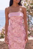 Sparkly Pink Strapless Bodycon Sequins Midi Floral Dress with Slit