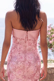 Sparkly Pink Strapless Bodycon Sequins Midi Floral Dress with Slit