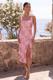 Sparkly Pink Bodycon Square Neck Sequins Midi Floral Dress with Slit