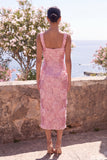 Sparkly Pink Bodycon Square Neck Sequins Midi Floral Dress with Slit