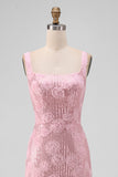 Sparkly Pink Bodycon Square Neck Sequins Midi Floral Dress with Slit