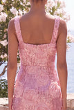 Sparkly Pink Bodycon Square Neck Sequins Midi Floral Dress with Slit