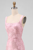 Sparkly Pink Bodycon Square Neck Sequins Midi Floral Dress with Slit