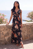 Black Chiffon A-Line V-Neck Ruched Maxi Floral Dress with Cap Sleeves