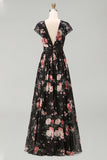 Black Chiffon A-Line V-Neck Ruched Maxi Floral Dress with Cap Sleeves