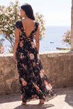 Black Chiffon A-Line V-Neck Ruched Maxi Floral Dress with Cap Sleeves
