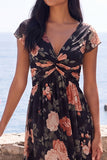 Black Chiffon A-Line V-Neck Ruched Maxi Floral Dress with Cap Sleeves