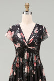 Black Chiffon A-Line V-Neck Ruched Maxi Floral Dress with Cap Sleeves