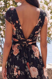 Black Chiffon A-Line V-Neck Ruched Maxi Floral Dress with Cap Sleeves
